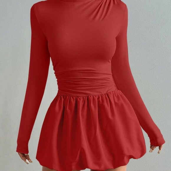 Red Casual Women's Round Neck Long Sleeve Mini Dress - Picture 5 of 7